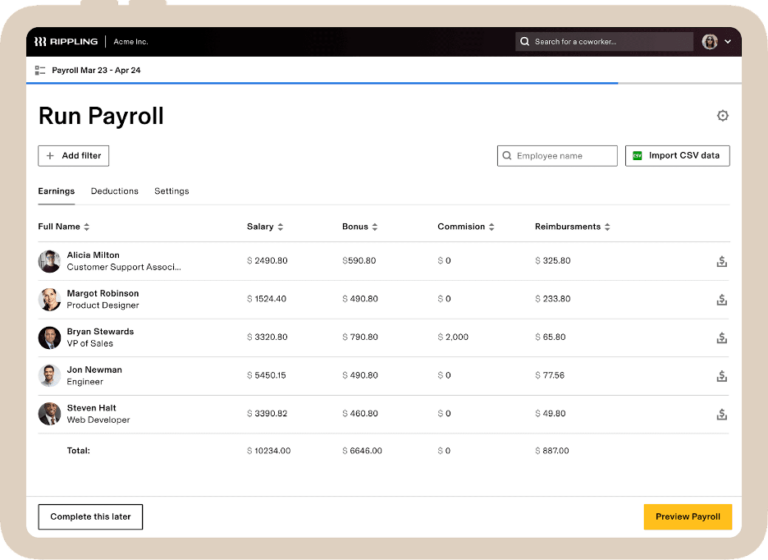 Screenshot of Rippling features for payroll