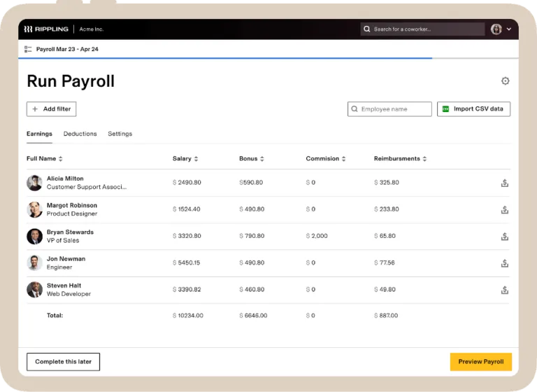 Screenshot of Rippling features for payroll