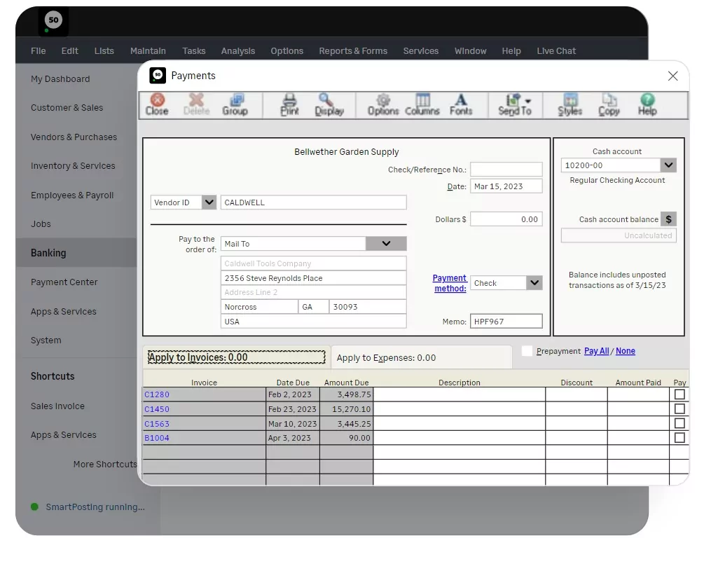 The banks and payment feature of Sage Payroll.