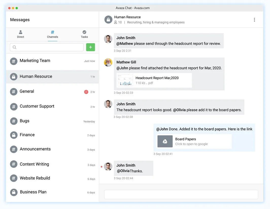 محادثة فريق على تطبيق Avaza