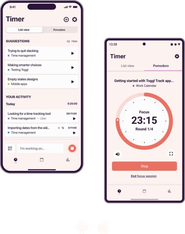 Aplicativo de controle de horas no celular do Toggl Track