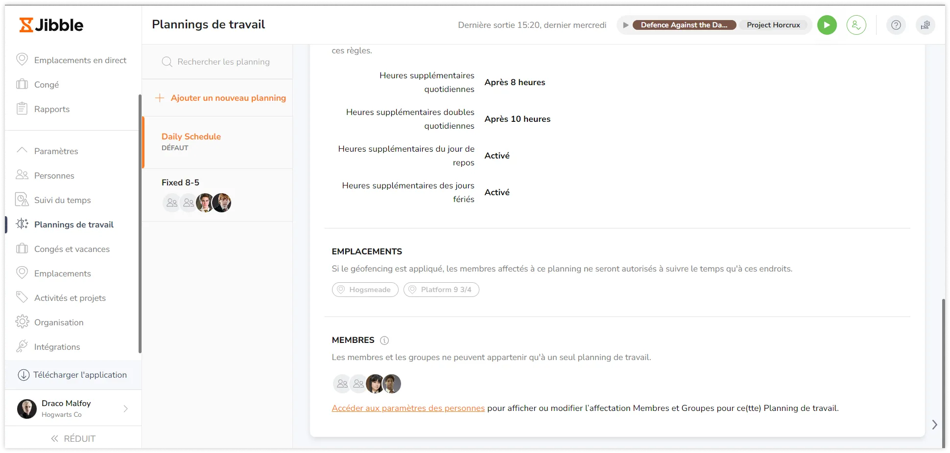 Visualisation des affectations des membres et des groupes à partir des plannings de travail