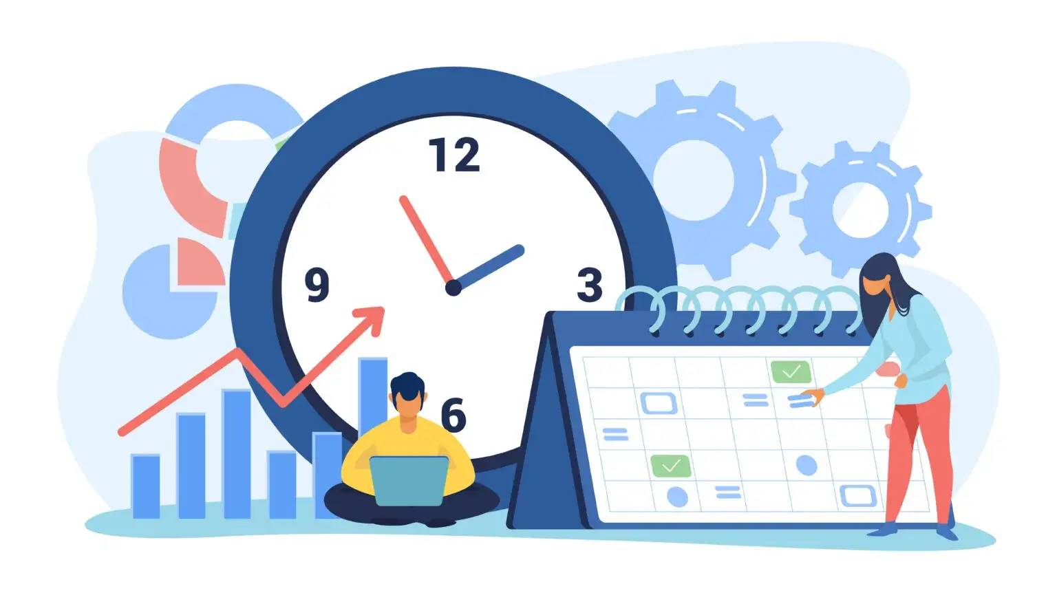 Seguimiento del tiempo representado mediante calendario, reloj y gráficos.