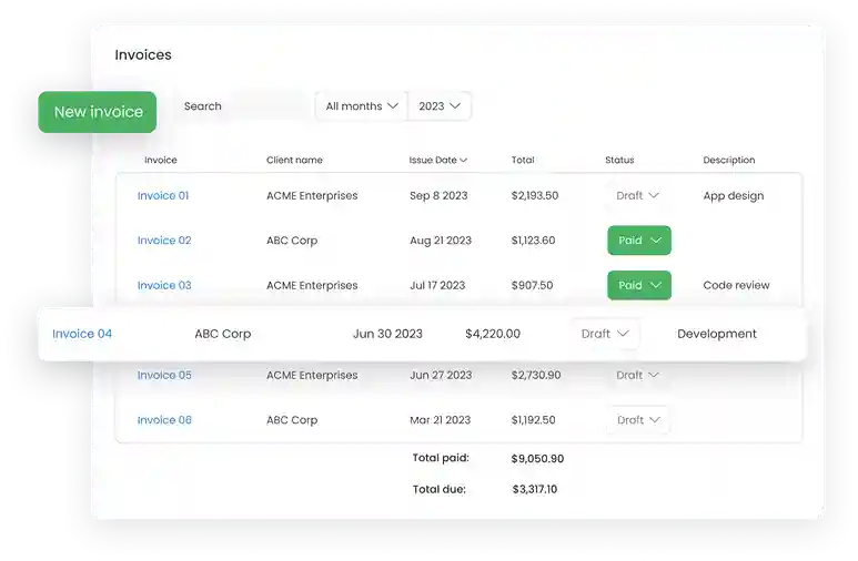 Fonctionnalité de facturation de l'application TimeCamp
