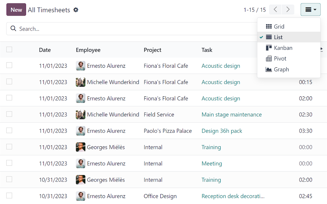 Diferentes visualizações de dados no Odoo Planilha de Horas