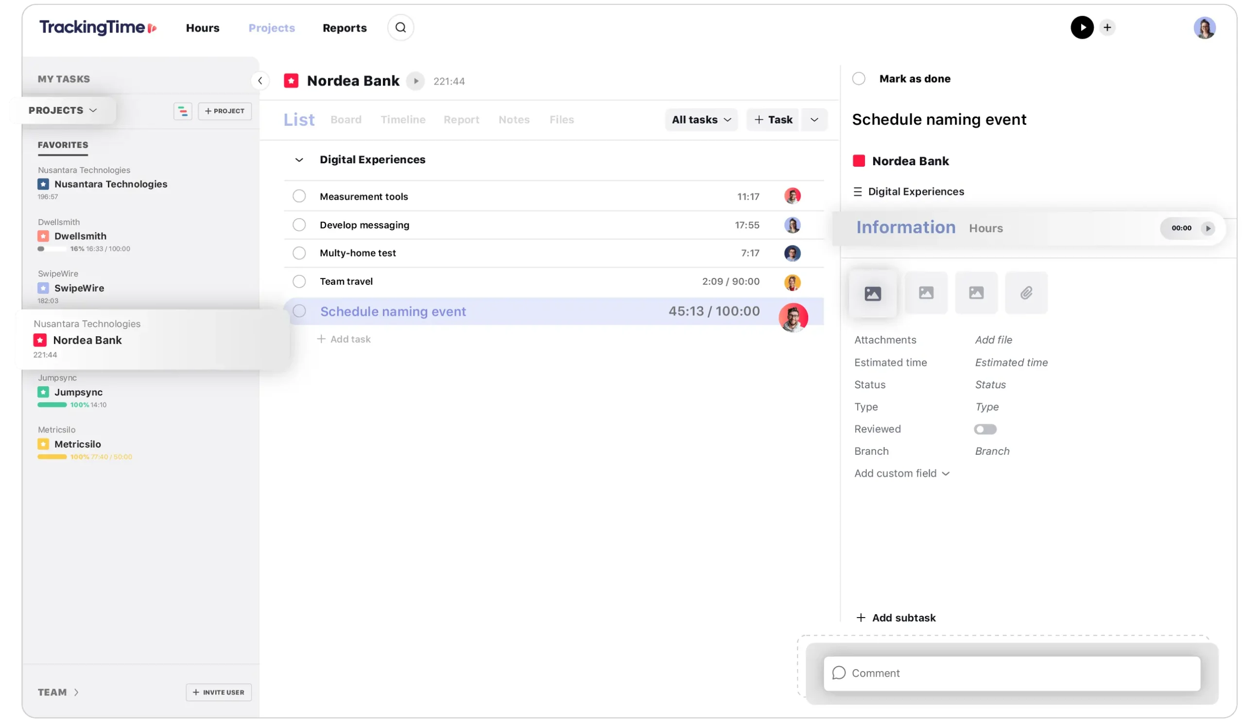 Un elenco di progetti visualizzato sull'applicazione web di TrackingTime.
