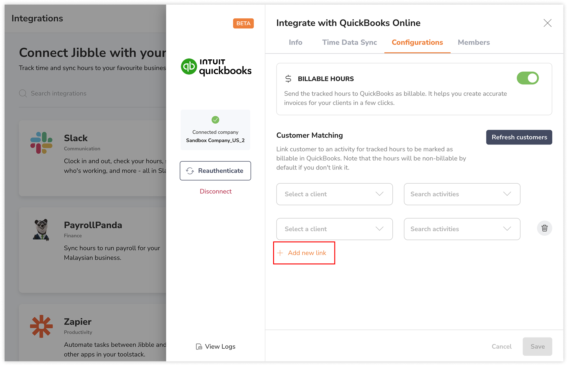 Adding a link between customers in QB and activites in Jibble