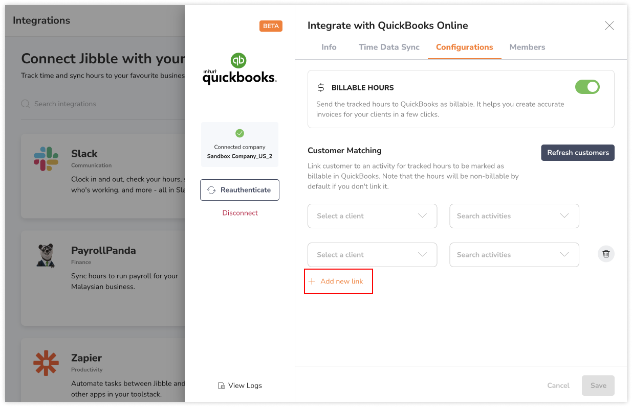 Adding a link between customers in QuickBooks and activities in Jibble