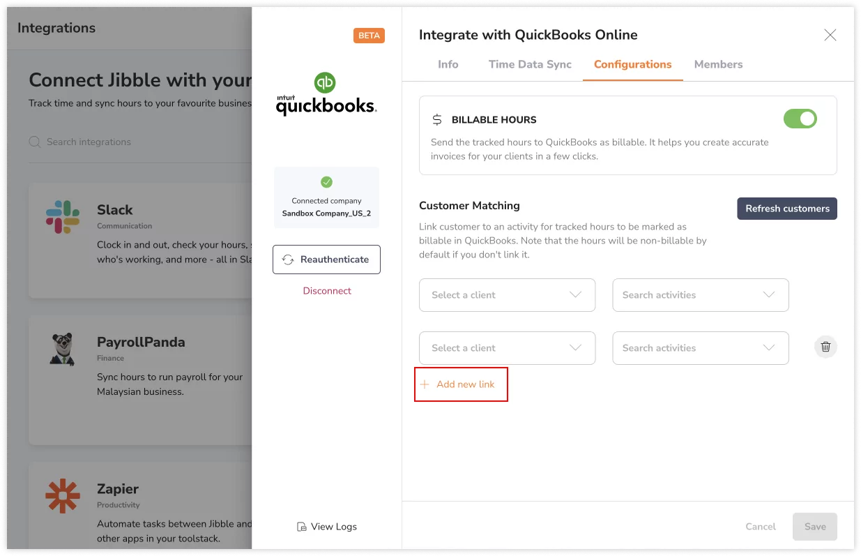 Dodanie powiązania między klientami w QuickBooks a działaniami w Jibble.