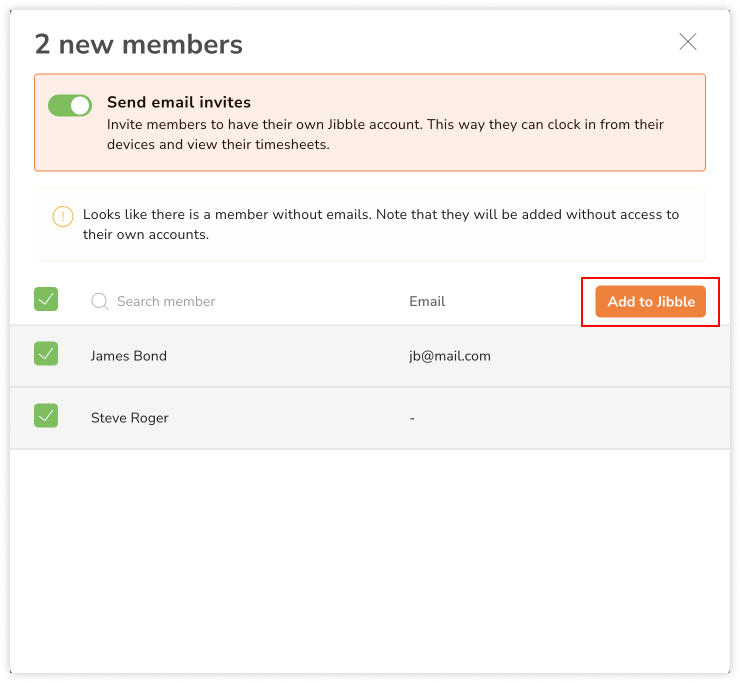 Adding users from QuickBooks to Jibble via email invite