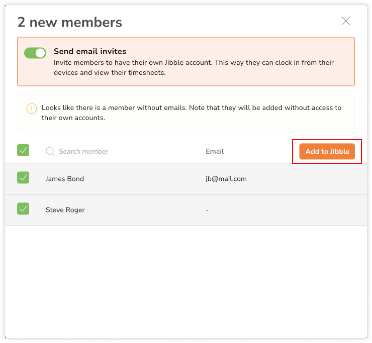 Adding users from QuickBooks to Jibble via email invite