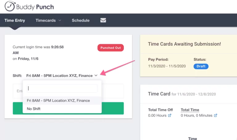 Buddy Punch software showing time entry and time card information