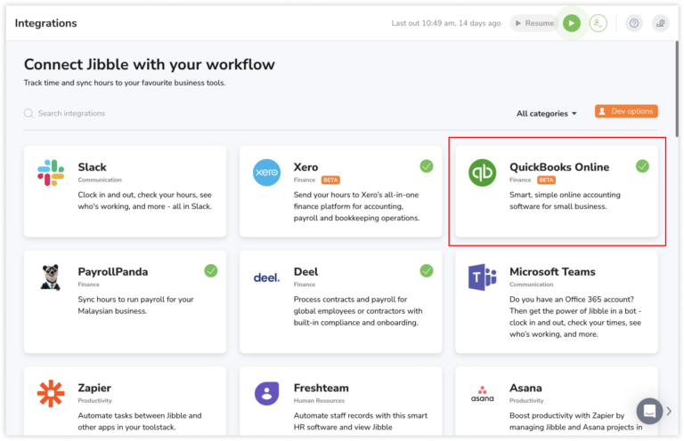 Clicking on QuickBooks Online integration card