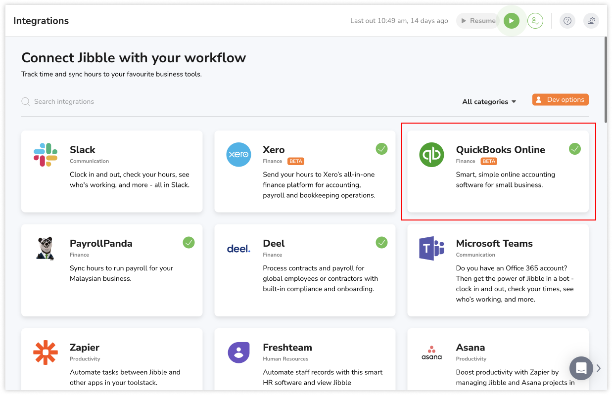 Clicking on QuickBooks Online integration card