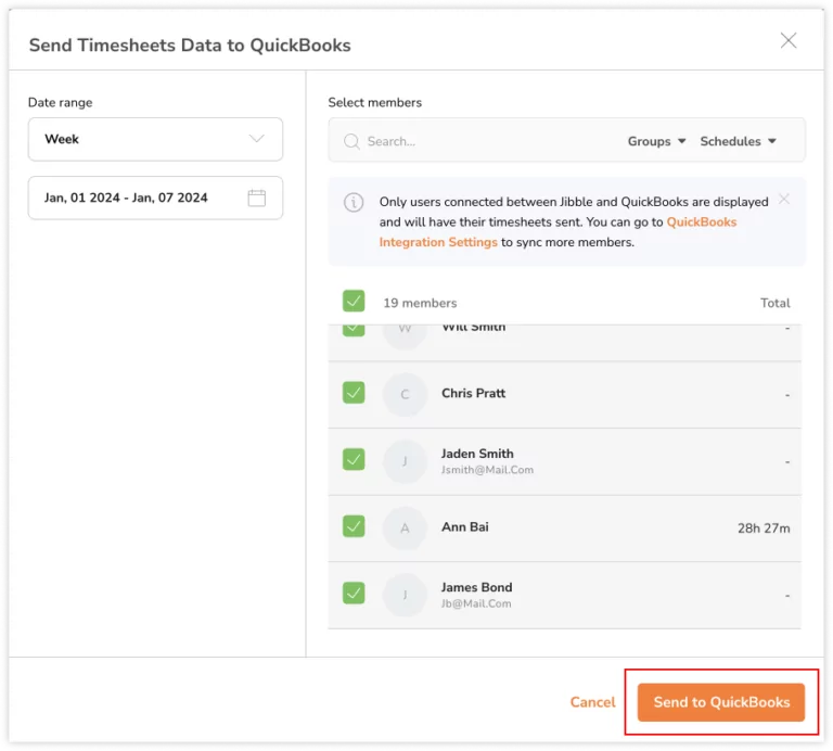 Clicking on Send to QuickBooks to transmit timesheet data to QuickBooks