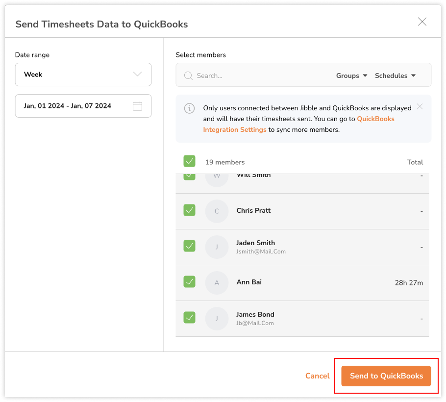 Clicking on Send to QuickBooks to transmit timesheet data to QuickBooks