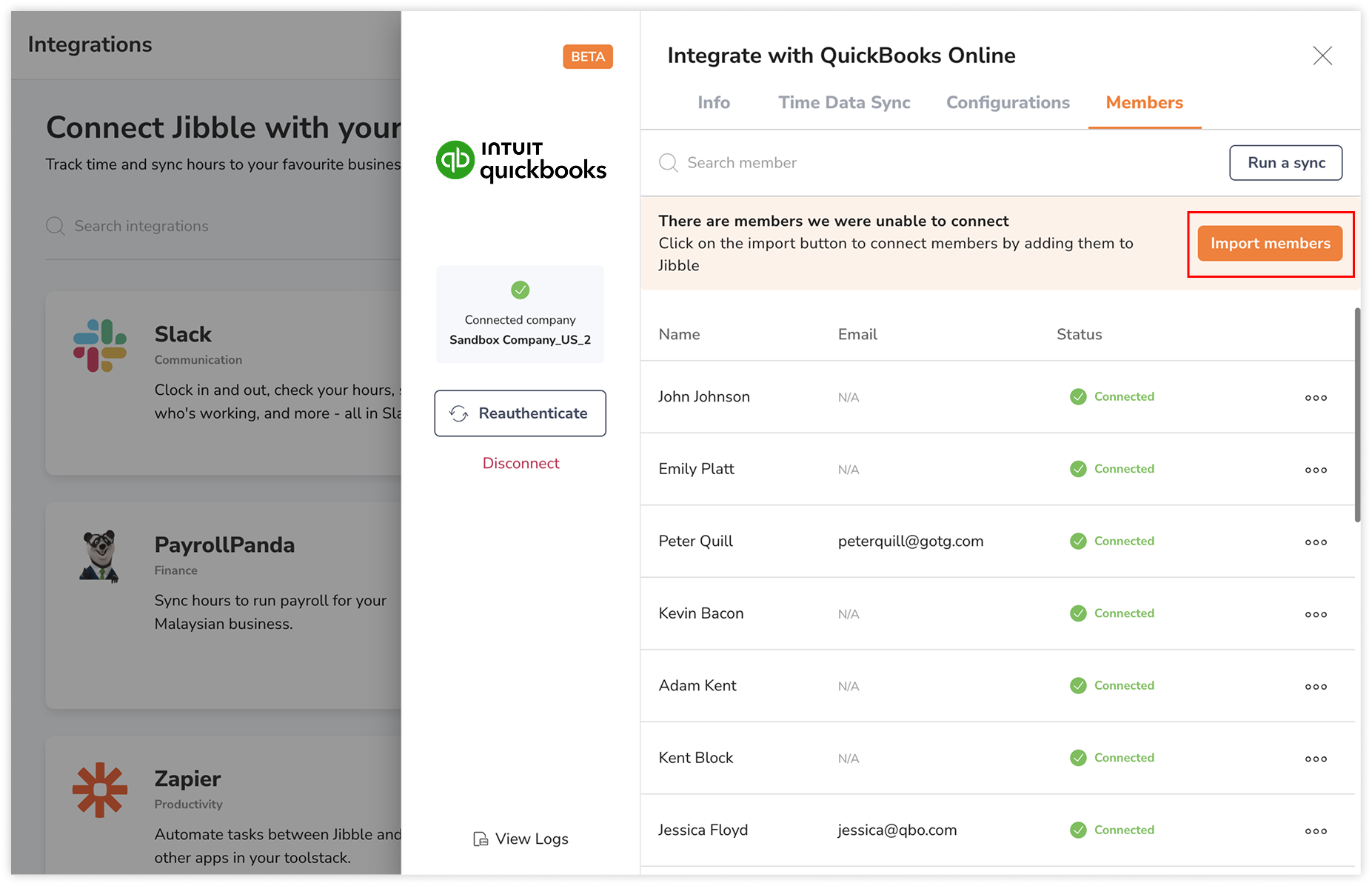 Clicking on import members to add users from QB to Jibble
