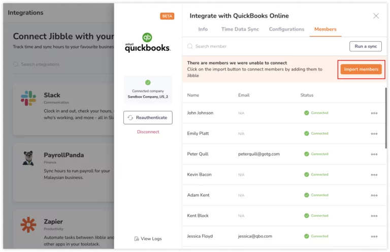 Clicking on import members to add users from QuickBooks to Jibble