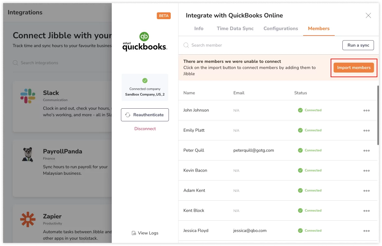 Clicking on import members to add users from QuickBooks to Jibble
