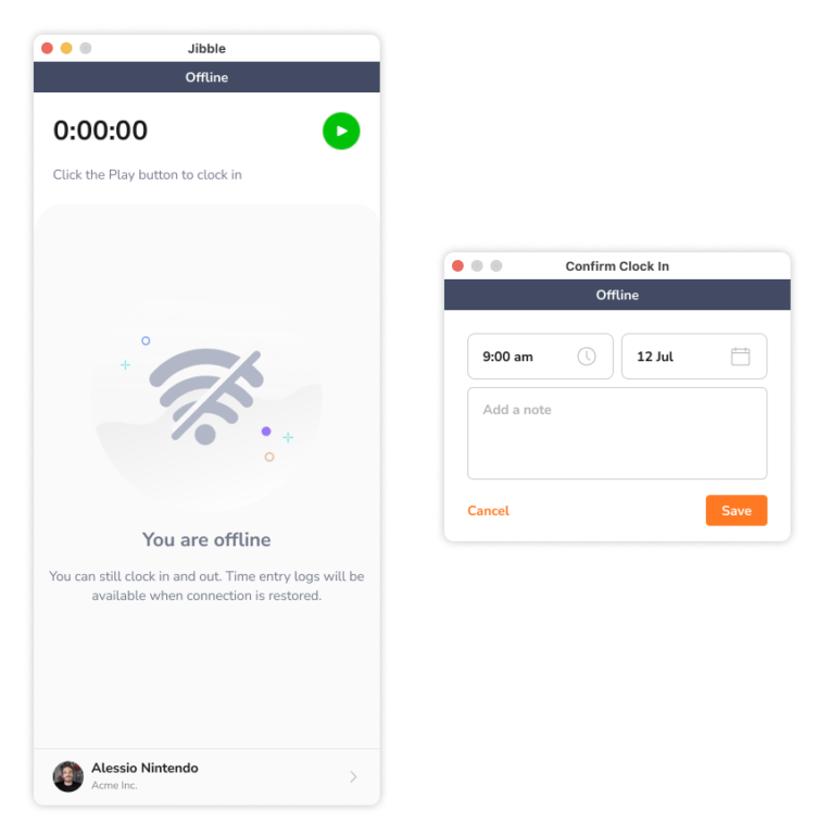 Clocking in in offline mode via desktop