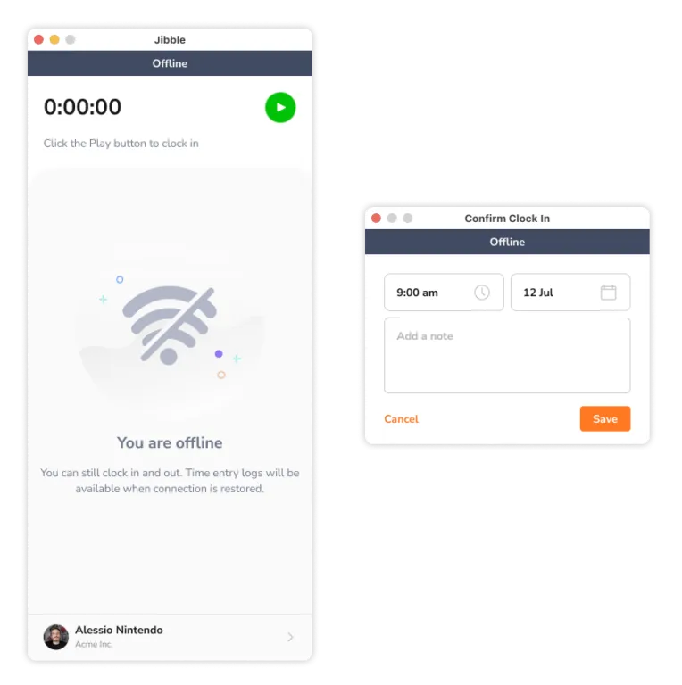Clocking in in offline mode via desktop