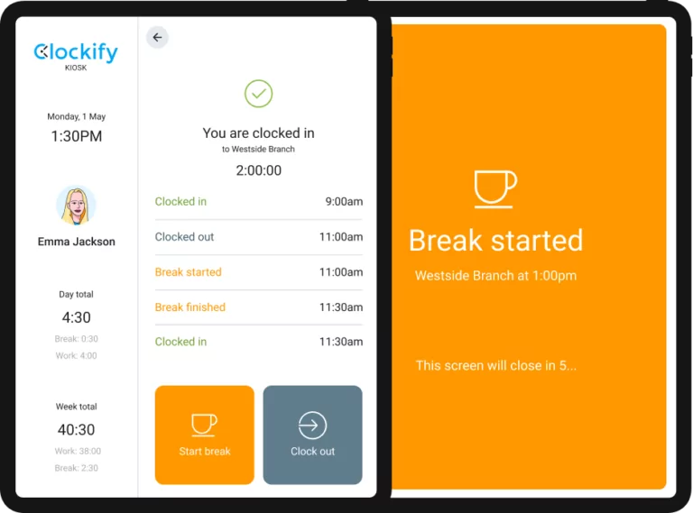 Clokify app showing user time summary and break view