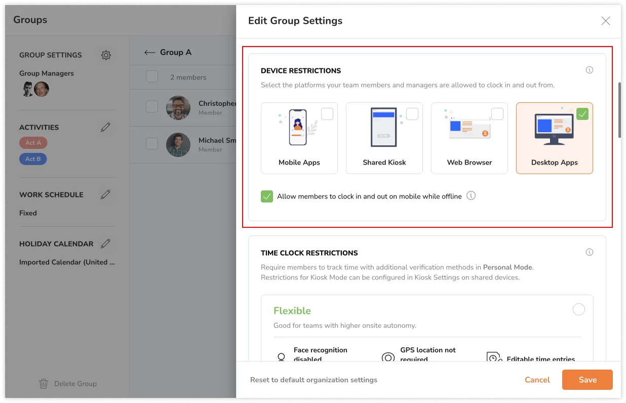 Configuring device restrictions for specific groups