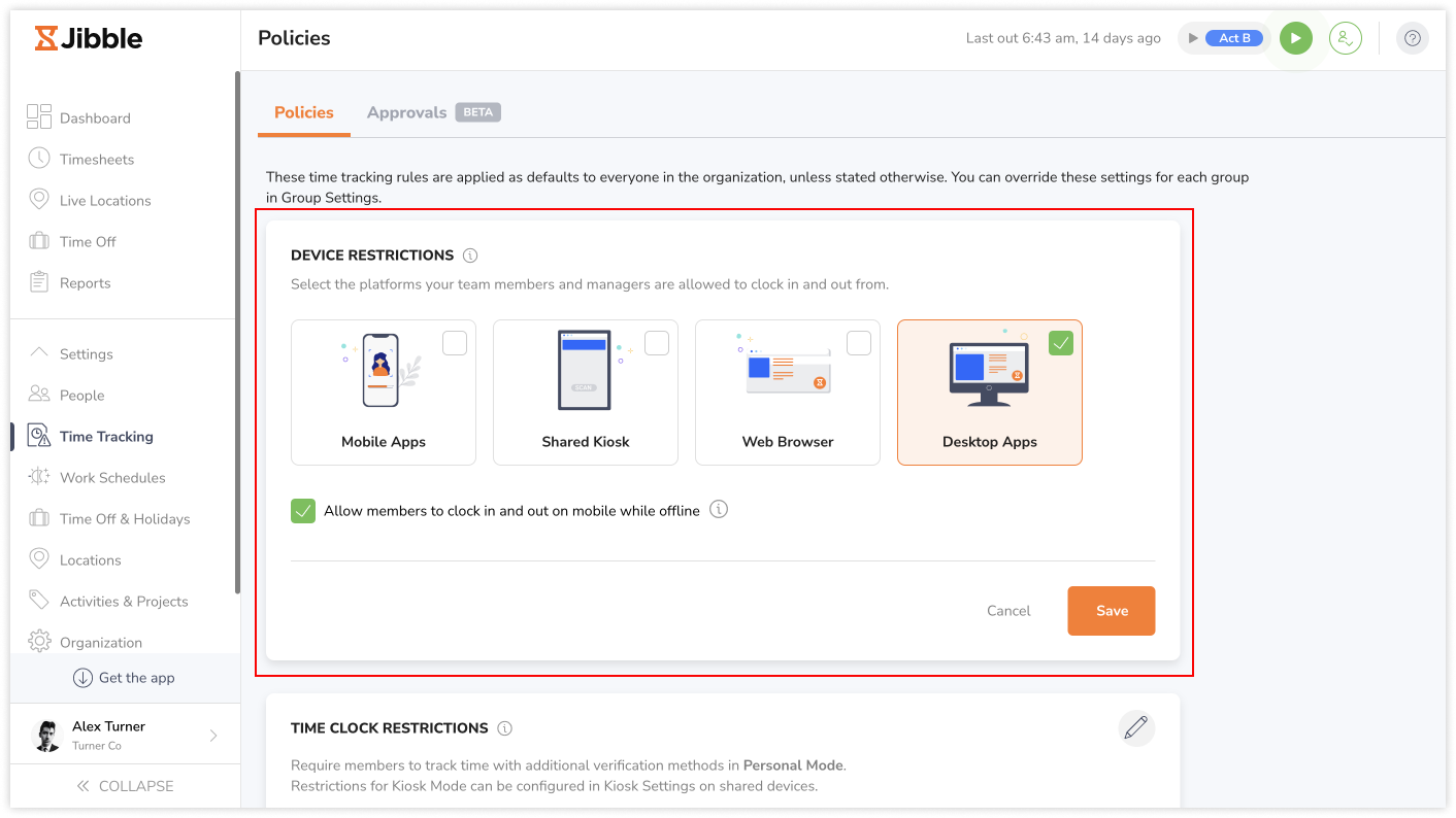 Configuring device restrictions on the web app