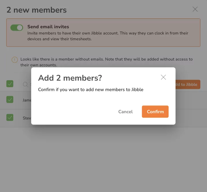 Confirming addition of members to Jibble