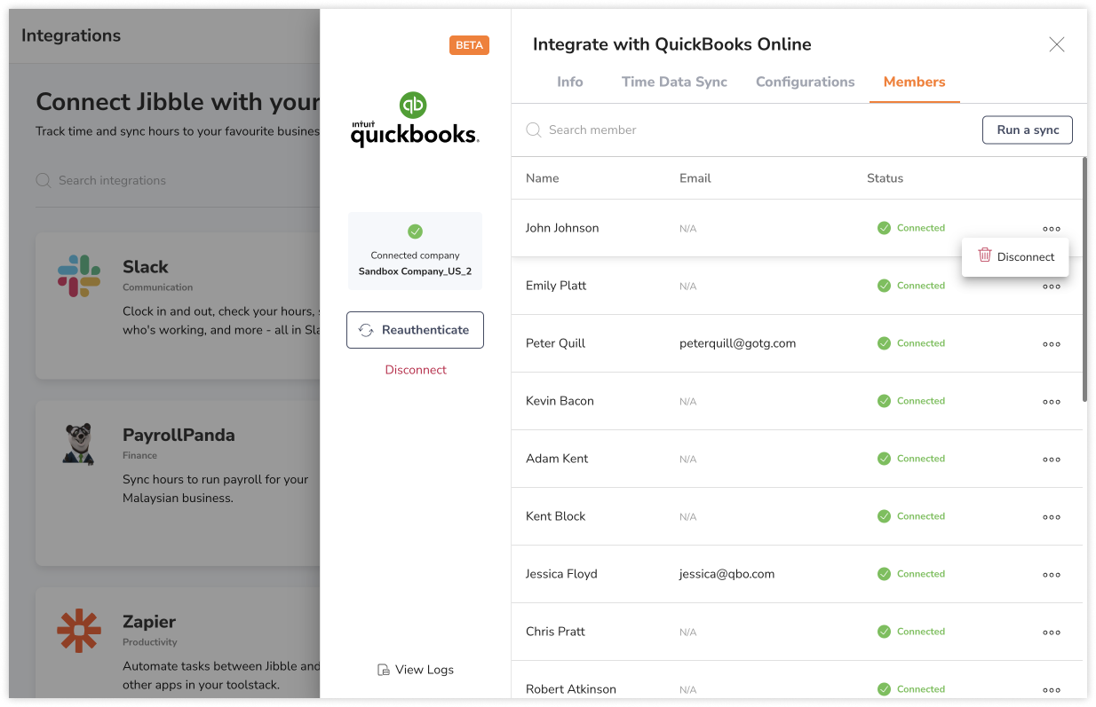 Disconnecting a member from QuickBooks