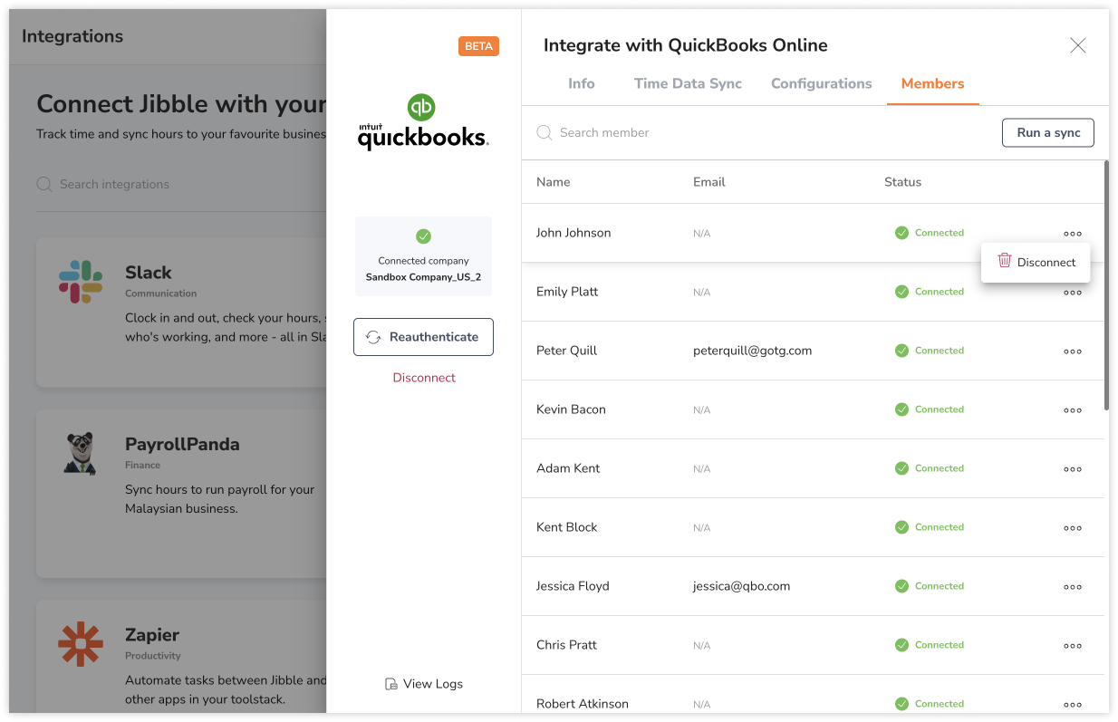 Rozłączanie członka z QuickBooks.