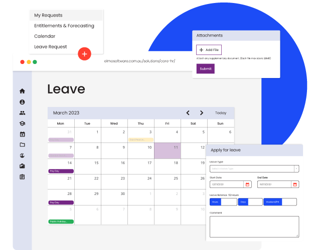 Graphic showing ELMO SOftware Leave Calnedar and leave request feature