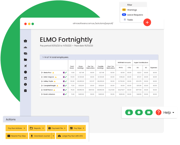 Graphic showing ELMO Software payroll feature for a fortnighly pay period