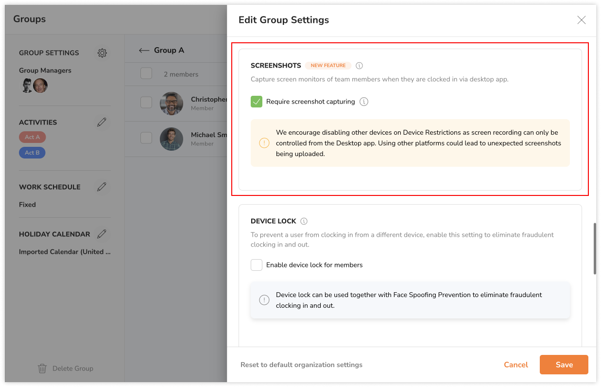 Mengaktifkan pengambilan tangkapan layar untuk grup tertentu
