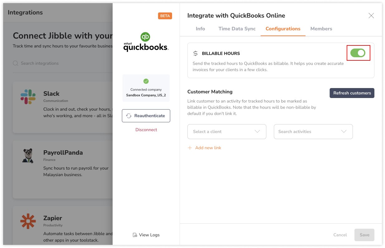 Enabling the toggle for billable hours for QuickBooks integration