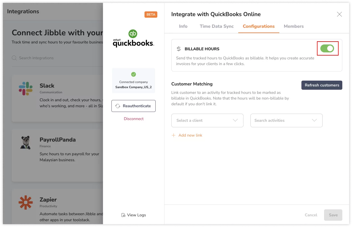 Enabling the toggle for billable hours for QuickBooks integration