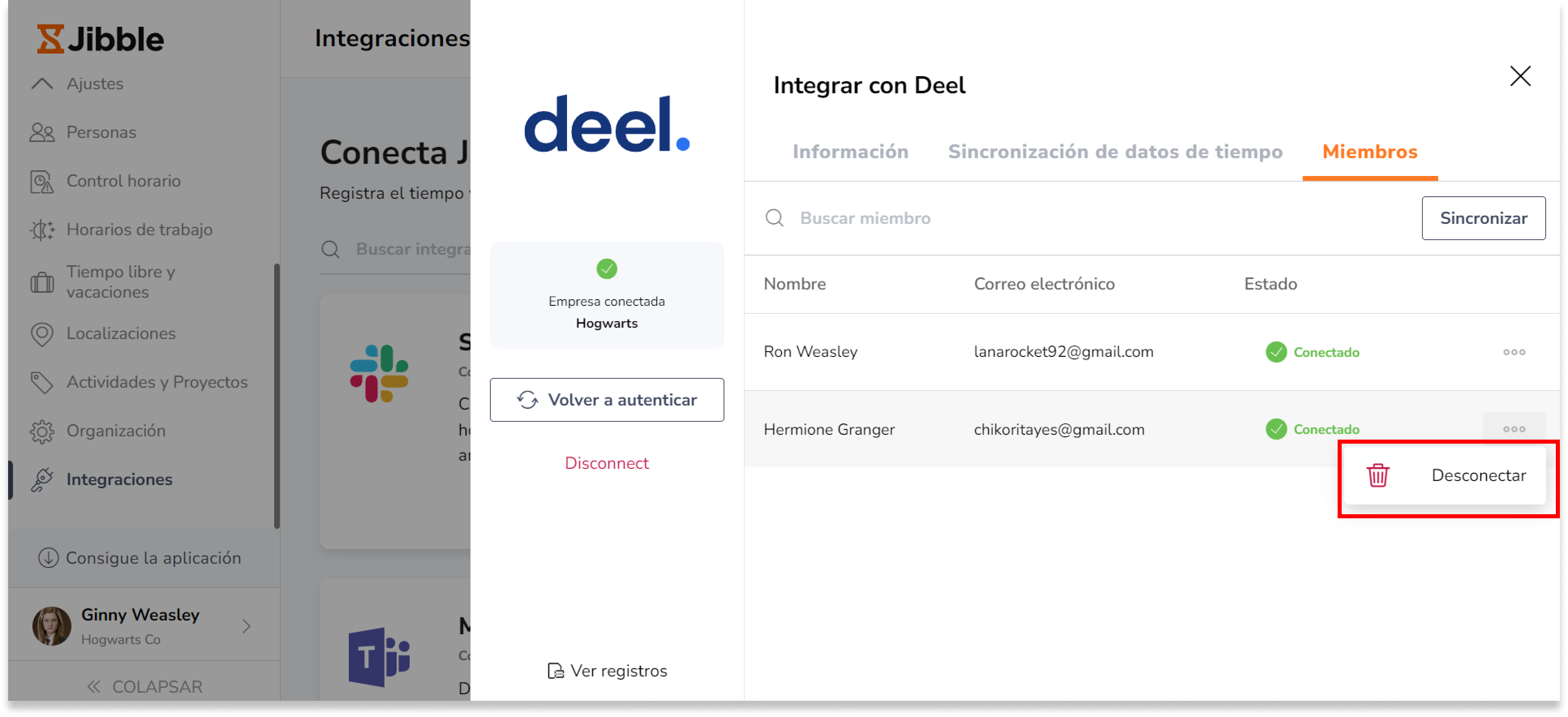 Para desconectar a los miembros de la sincronización, haz clic en el botón de elipsis situado en el extremo derecho del nombre del miembro.