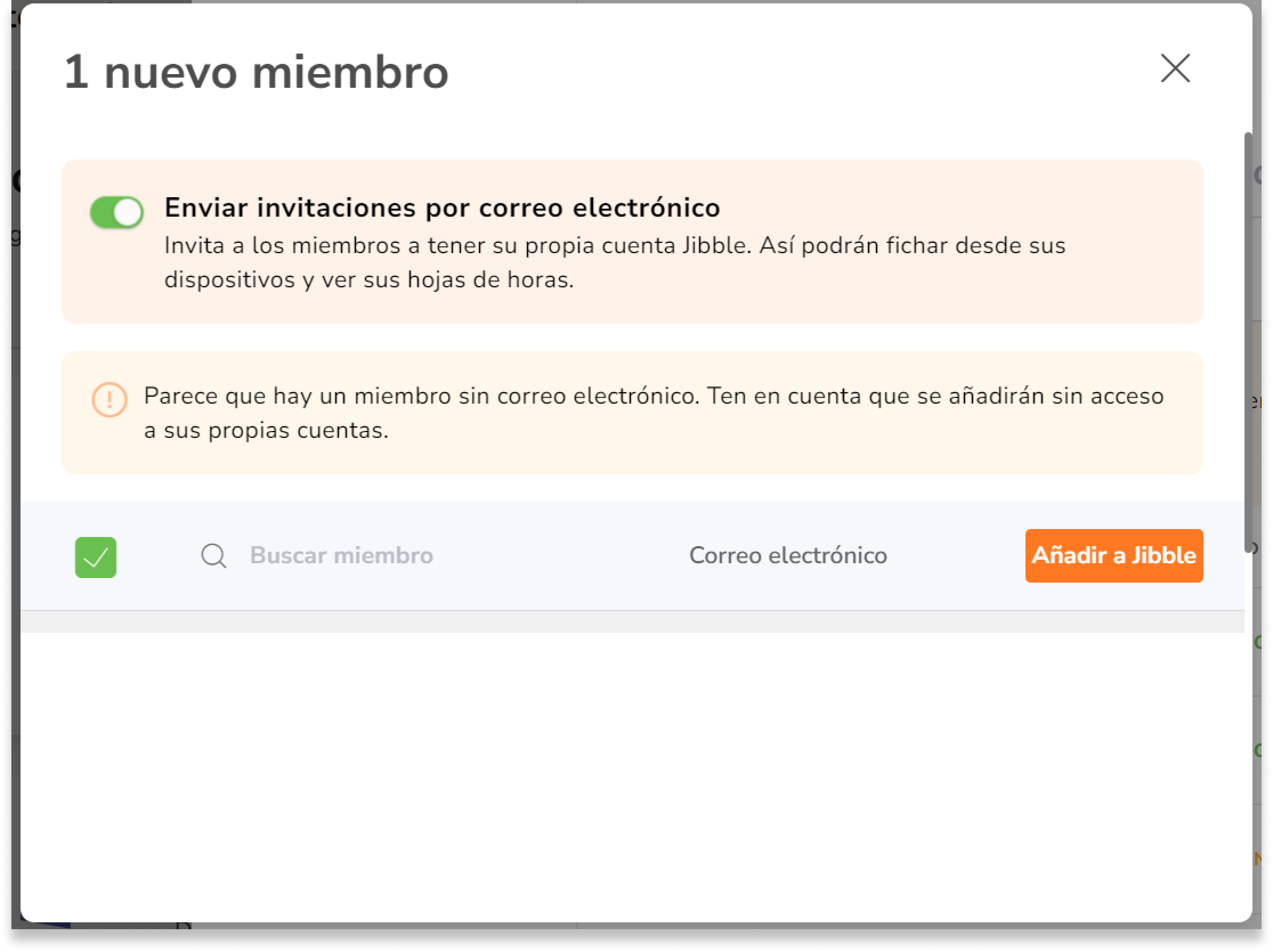 Si quieres enviar una invitación por correo electrónico a estos miembros para que se unan a tu organización del Jibble, activa la opción Enviar invitaciones por correo electrónico. 