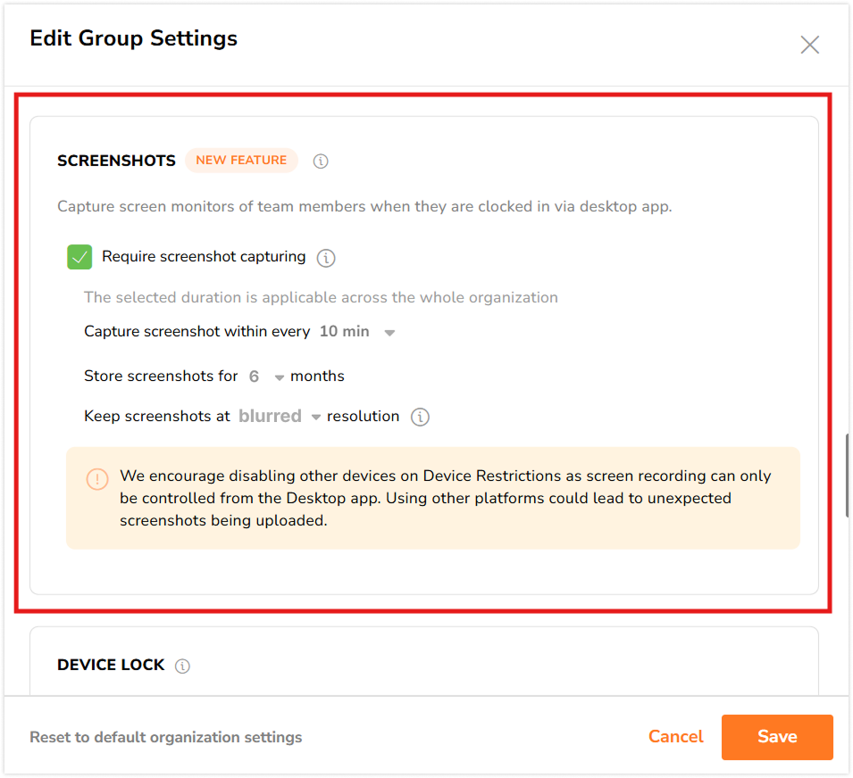 Enabling screenshot capturing for specific groups
