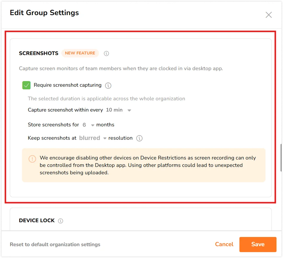 Enabling screenshot capturing for specific groups