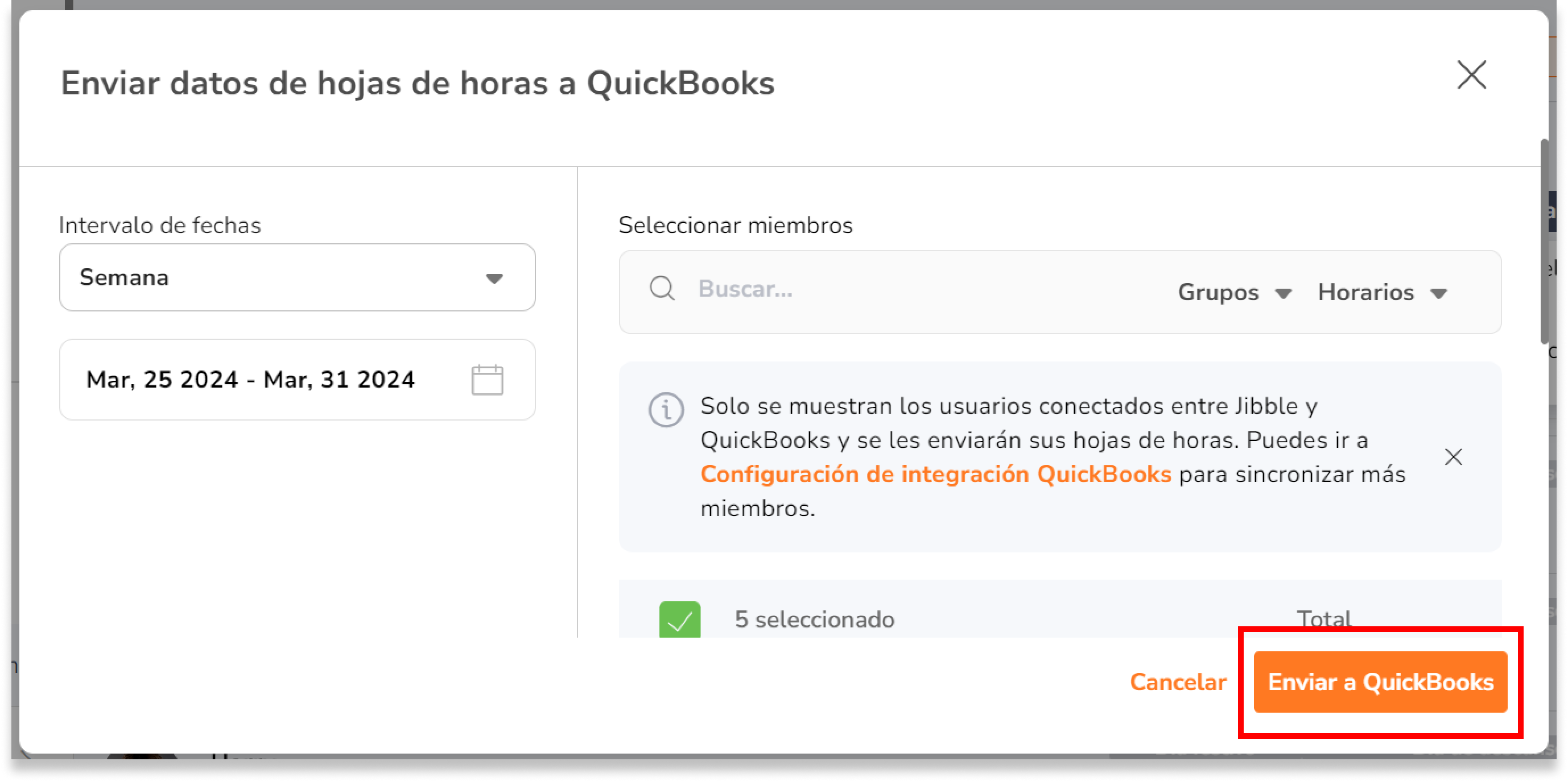 Una vez realizadas todas las selecciones, haz clic en Enviar a QuickBooks. 