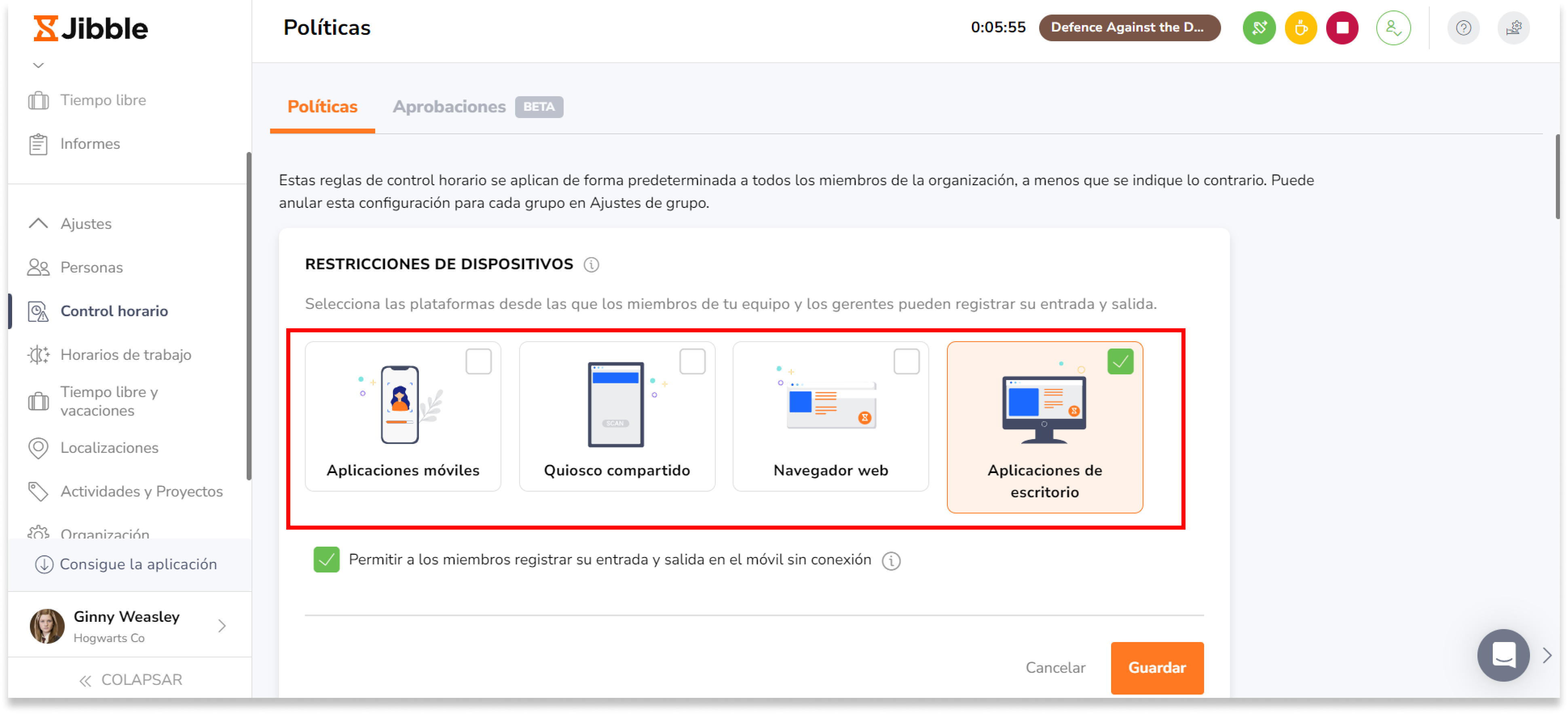 Activa la opción Aplicaciones de escritorio y desactiva Aplicaciones móviles, Quiosco compartido y Navegador web.