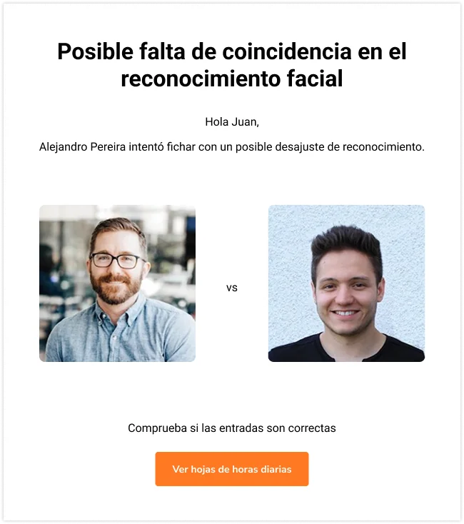 Overview of email notification received for facial recognition mismatch