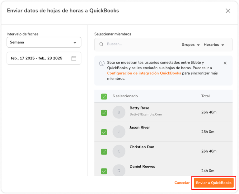 Sending timesheets to Quickbooks 