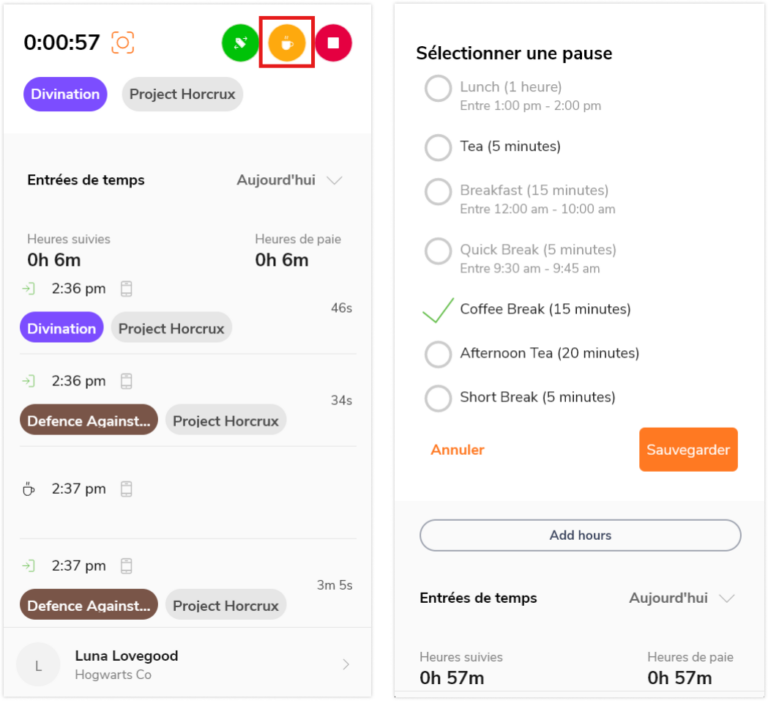 Application de bureau - bouton d'activité de changement et liste d'activités