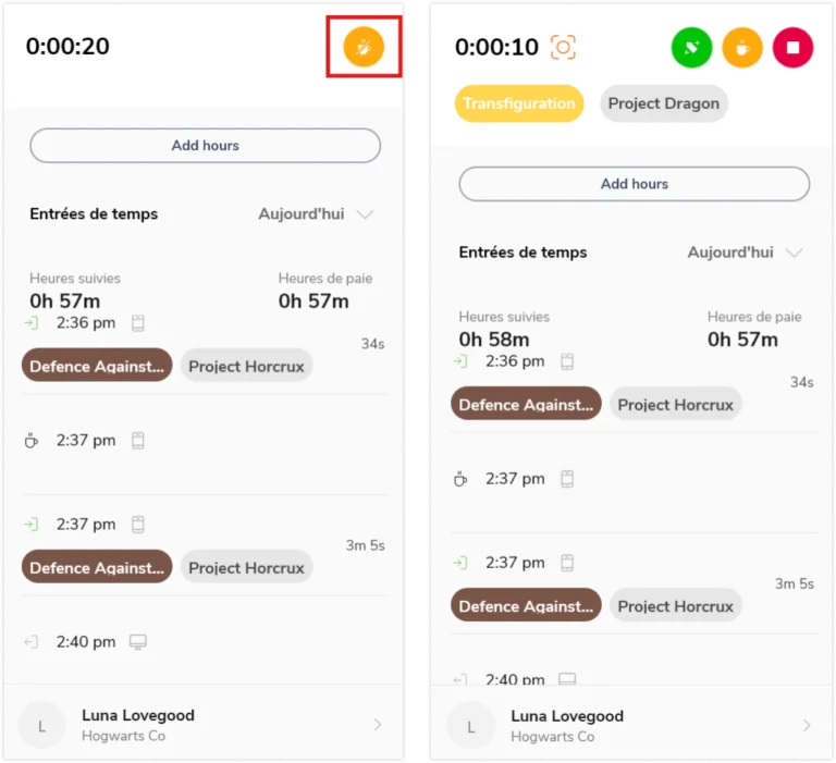 Application de bureau - bouton de fin de pause et page de fin d'activité