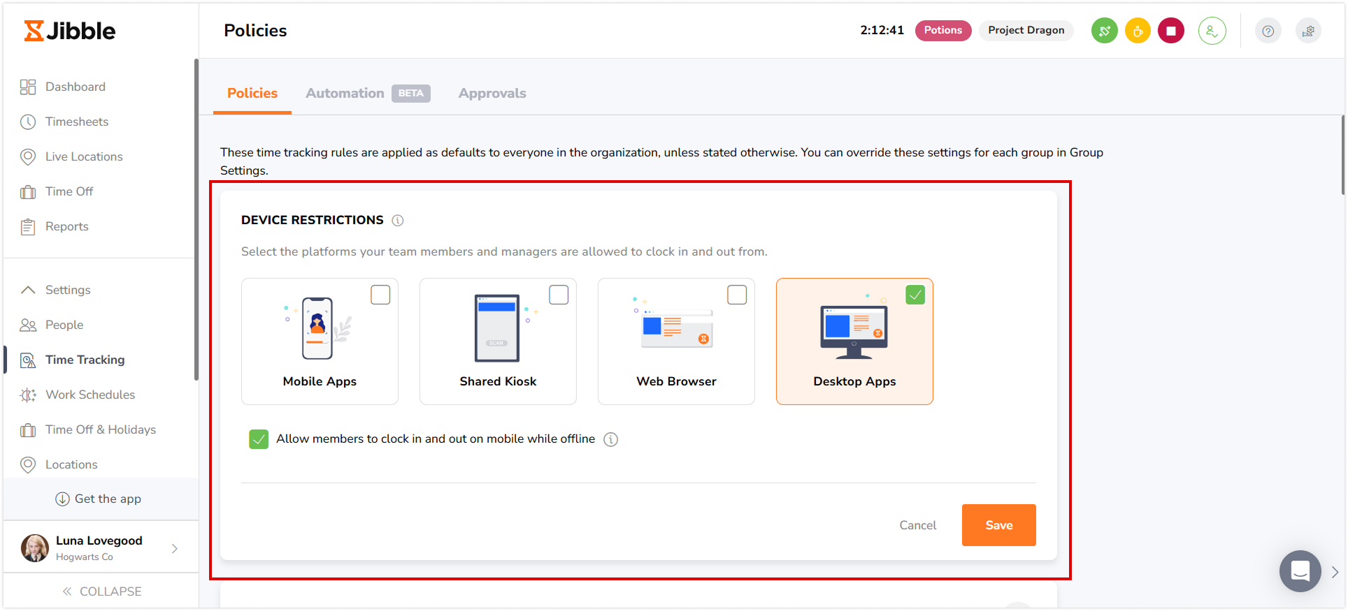 Configuring device restrictions on the web app