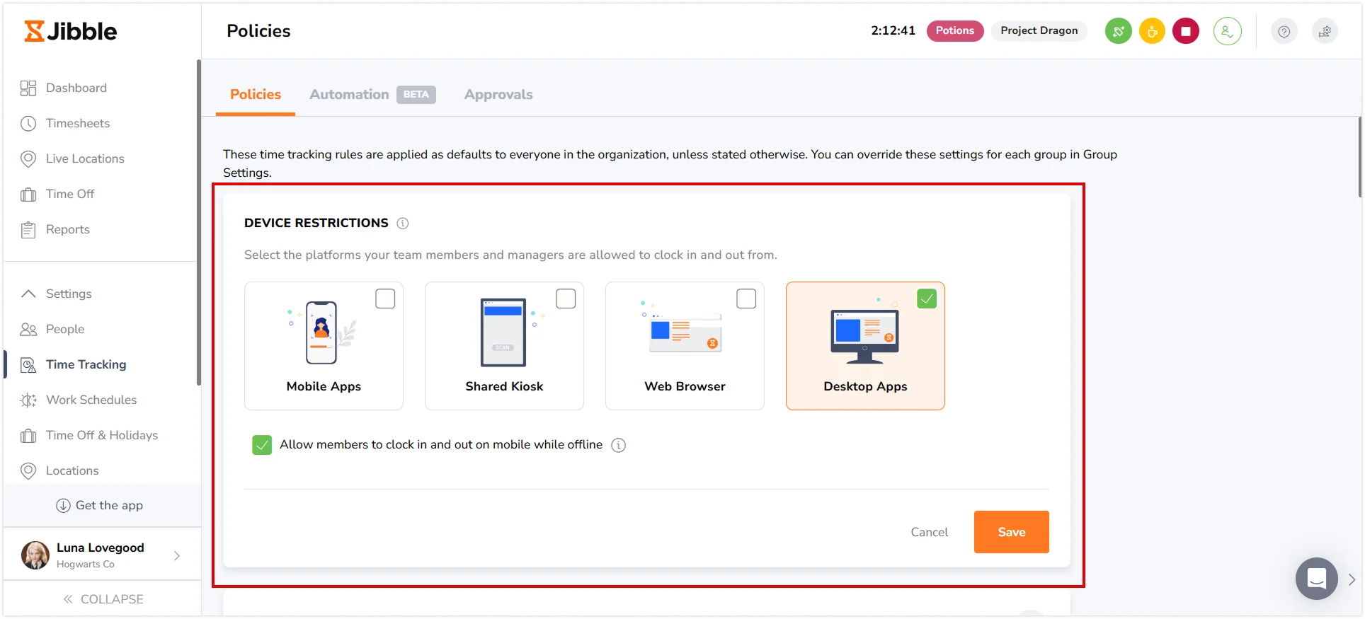 Configuring device restrictions on the web app