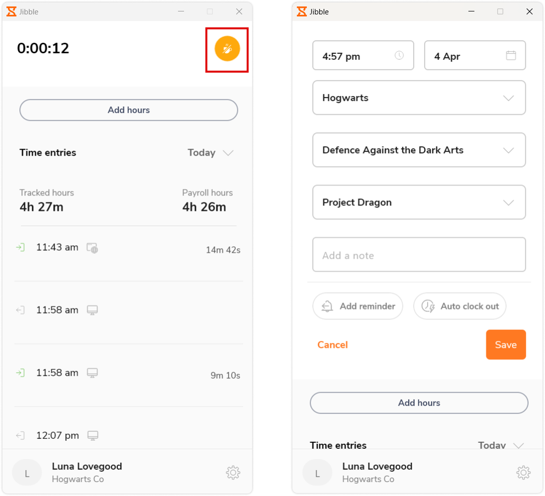 Mengakhiri waktu istirahat menggunakan pelacak waktu desktop Jibble