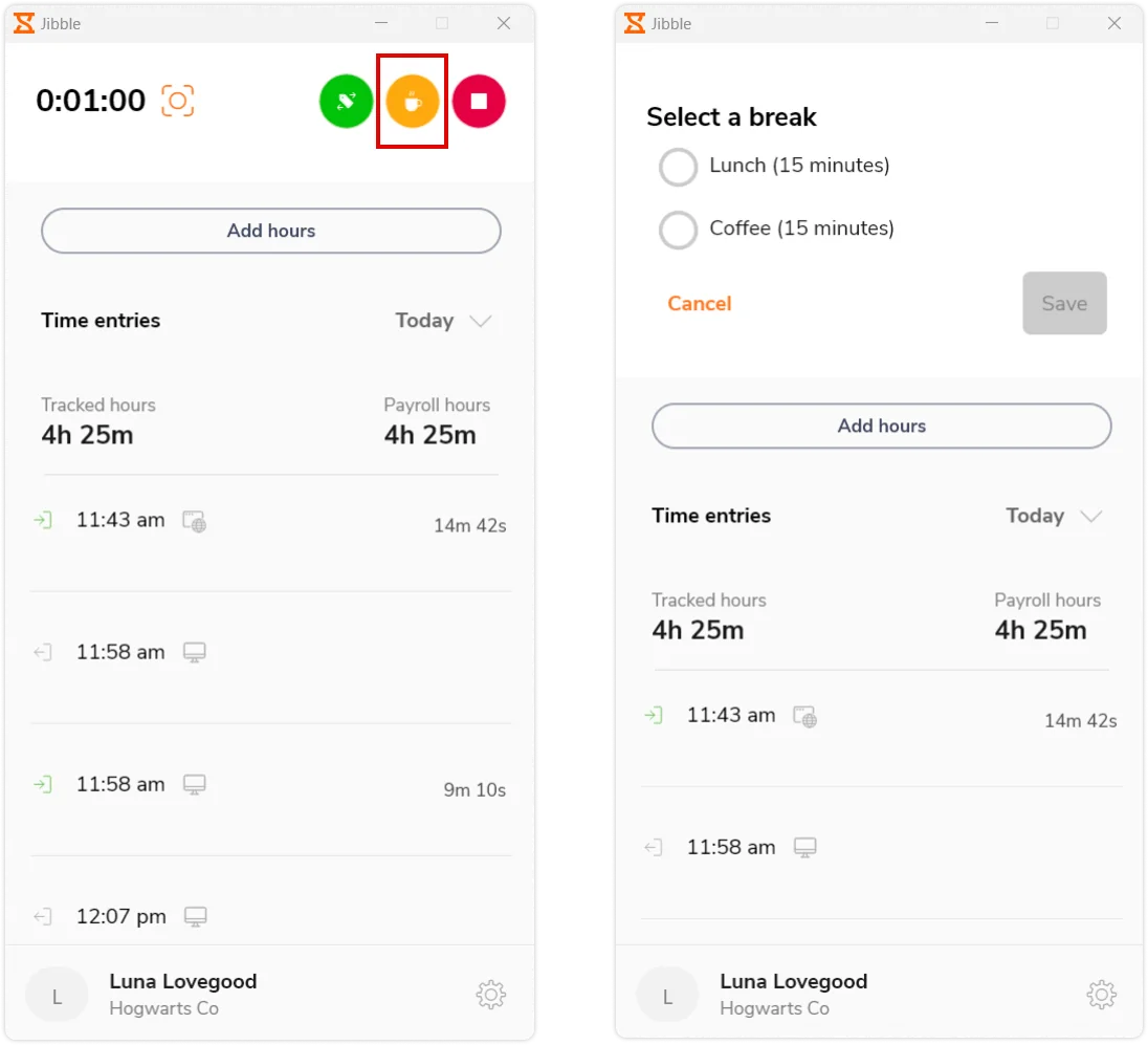 Taking breaks using Jibble's desktop time tracker
